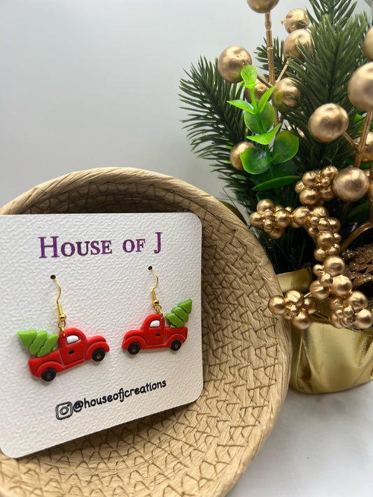 Christmas Red Truck with Tree Earrings